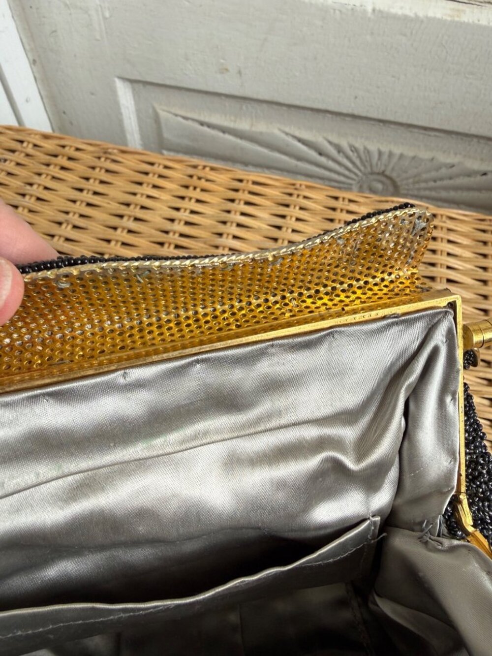 Vintage 1960s Black Glass Floral Seed Beaded Top Handle Formal Purse - Picture 8 of 16